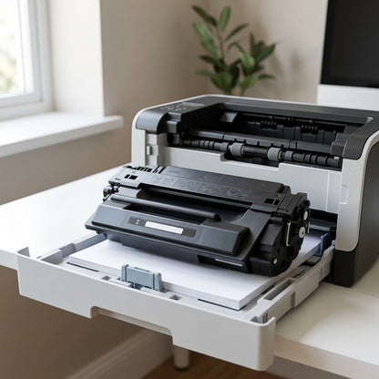 An Elevate Imaging HP 55X CE255X compatible black toner cartridge resting on an open printer tray.