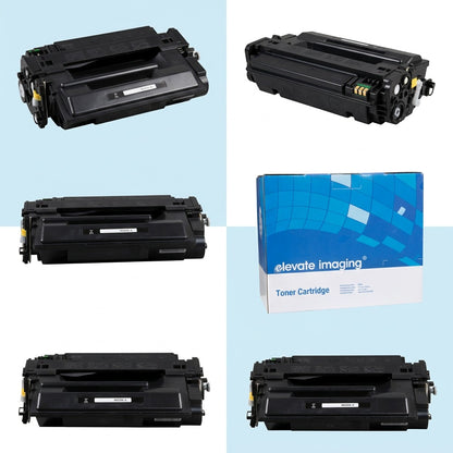 Multiple views and retail packaging of the Elevate Imaging HP 55X CE255X High Yield Black Toner.