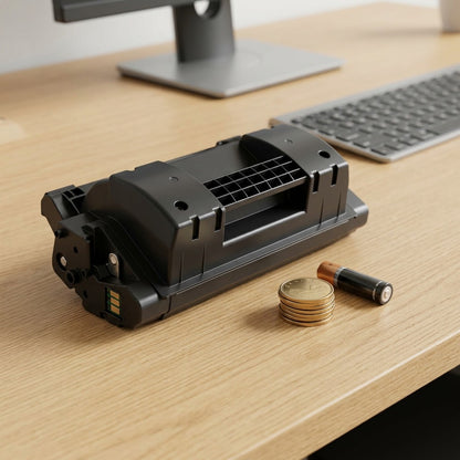 Elevate Imaging HP CF281X toner cartridge on a desk next to coins for scale reference.