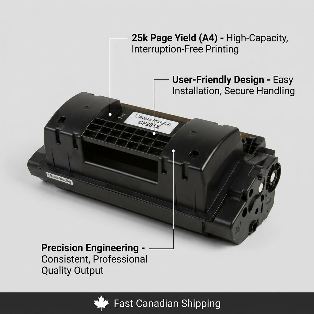 Elevate Imaging CF281X black toner cartridge featuring a 25k page yield and user-friendly design.