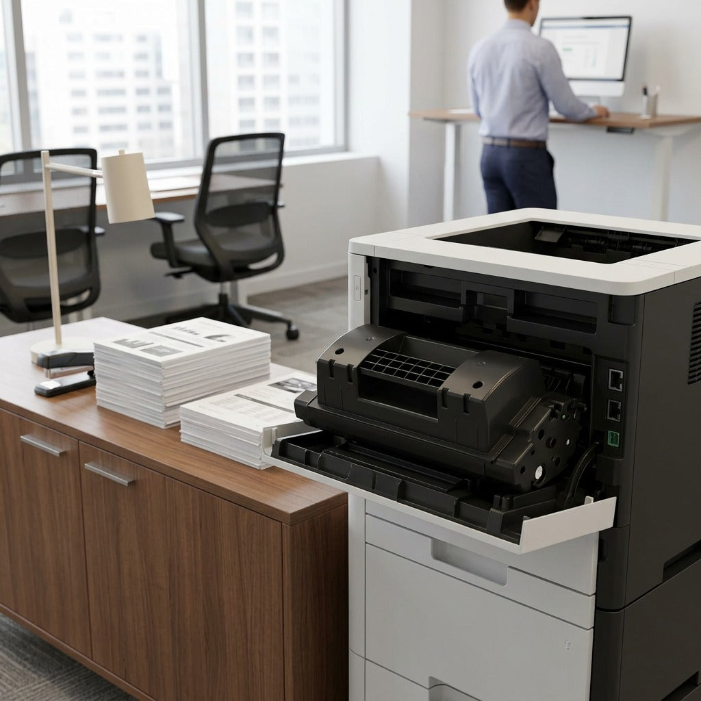 Elevate Imaging HP CF281X compatible toner cartridge installed in a laser printer in an office.