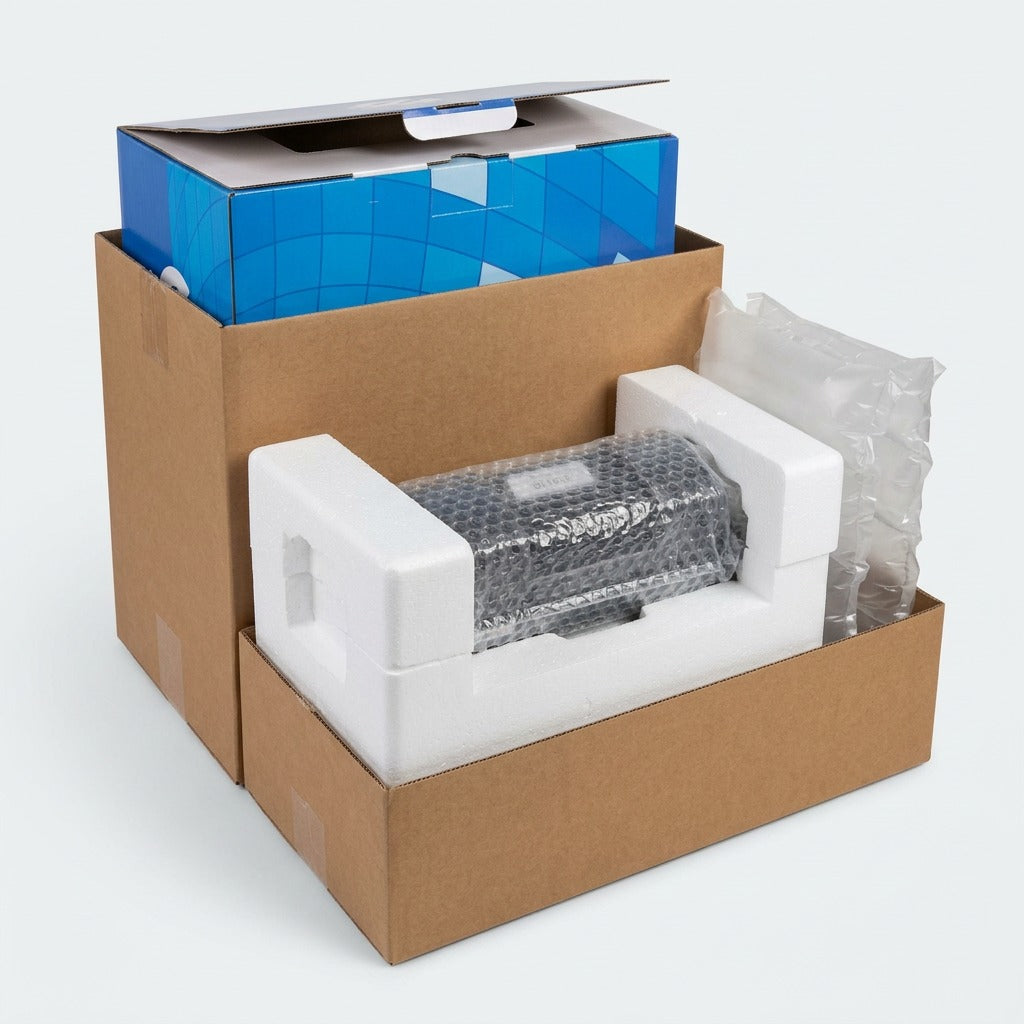 Elevate Imaging HP CF281X toner cartridge protected by bubble wrap and foam inside a shipping box.