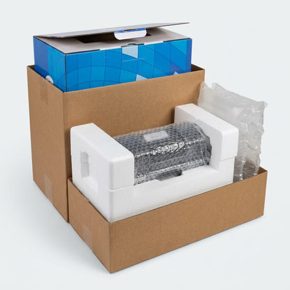 Elevate Imaging HP CF281X toner cartridge protected by bubble wrap and foam inside a shipping box.