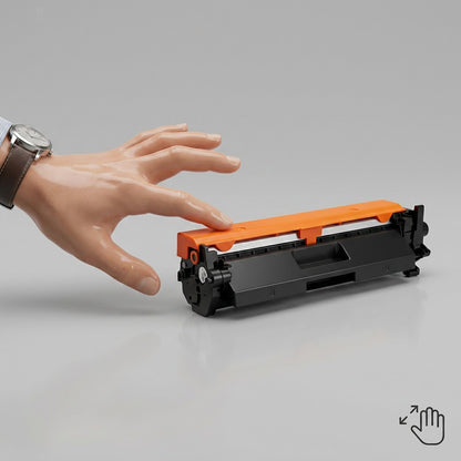 Elevate Imaging HP CF217A compatible black toner cartridge shown next to a hand for scale.