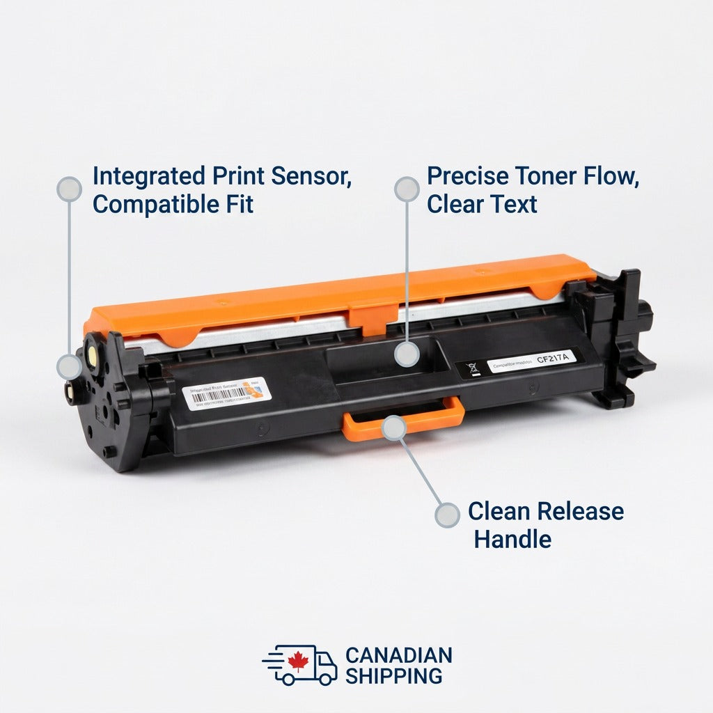 Elevate Imaging CF217A toner cartridge featuring an integrated print sensor and clean release handle.