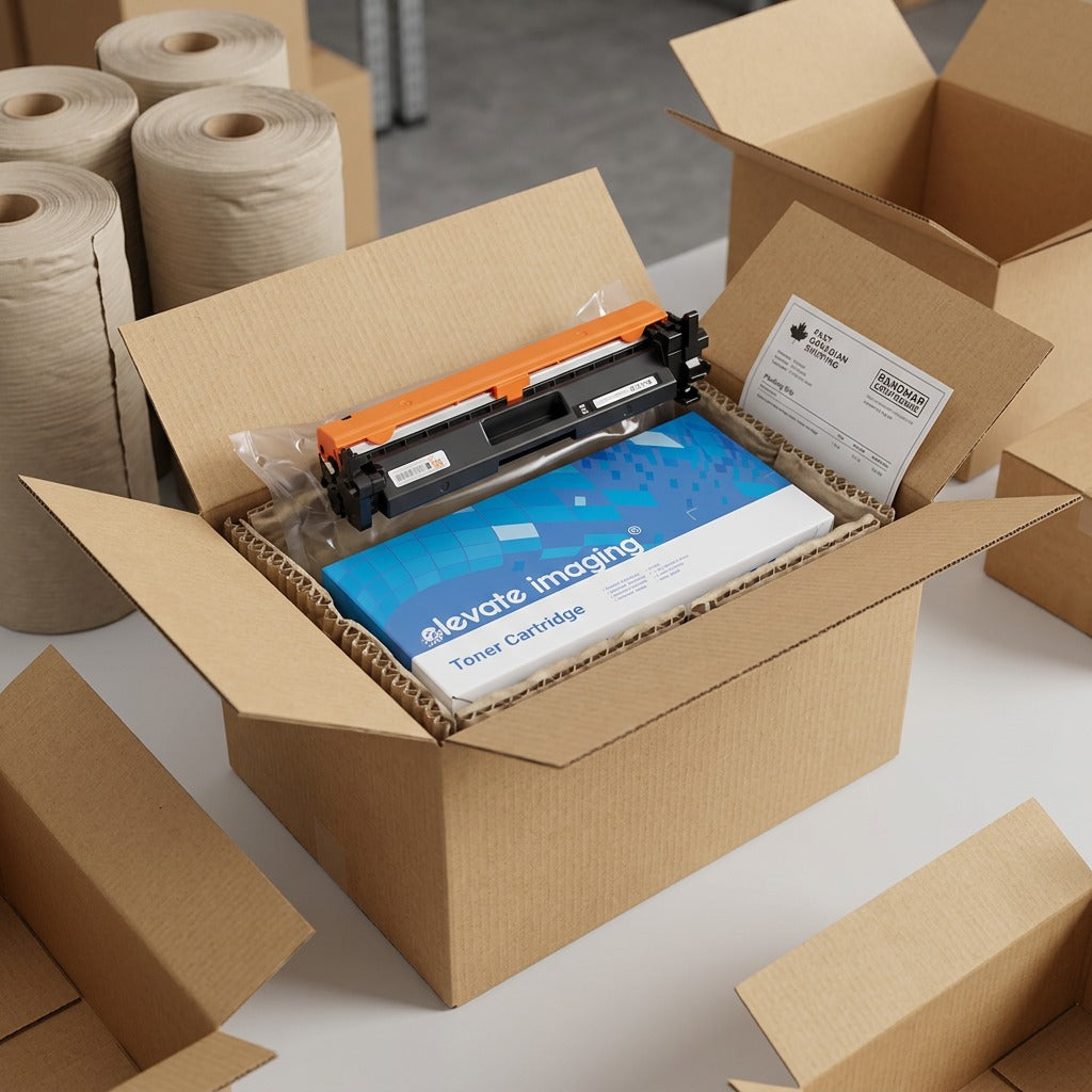 Elevate Imaging HP CF217A black toner cartridge and box securely packed in a protective shipping box.