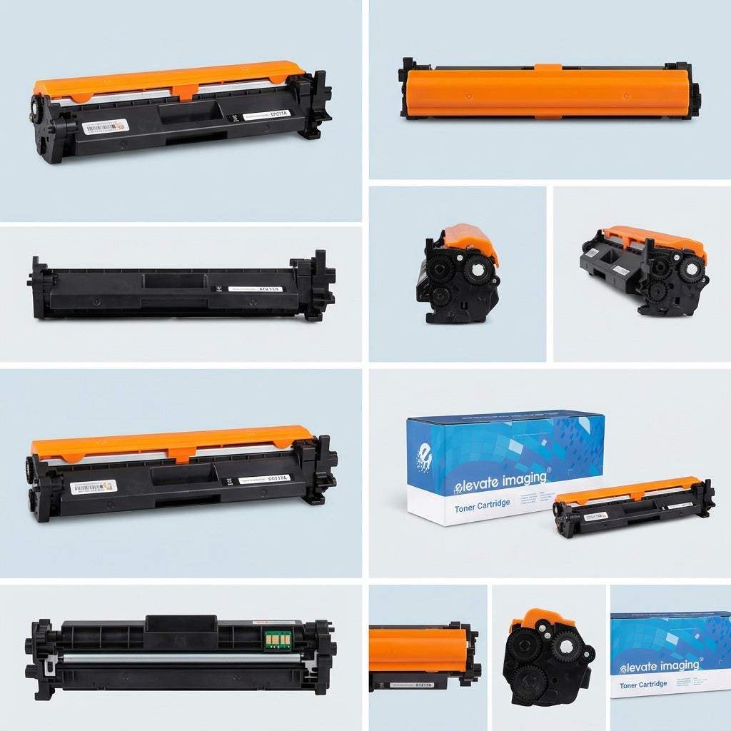 Multiple views of Elevate Imaging HP CF217A compatible black toner cartridge and retail packaging.