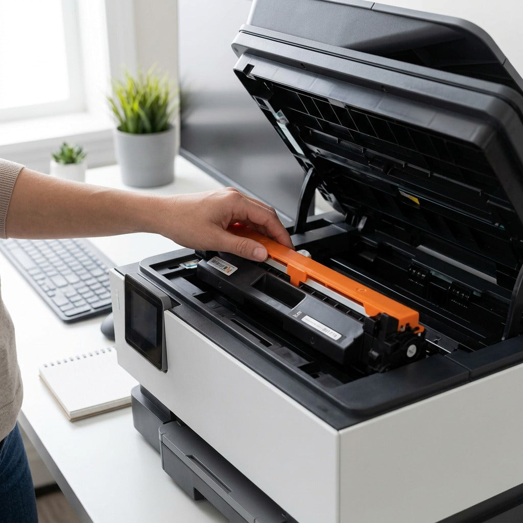 A person installs an Elevate Imaging HP CF217A compatible black toner cartridge into an office laser printer.