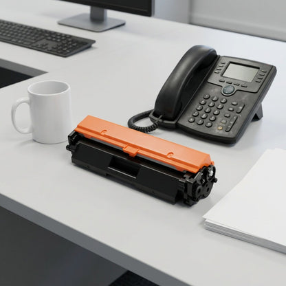 Elevate Imaging HP 30X (CF230X) compatible black toner cartridge shown on a desk for size scale.