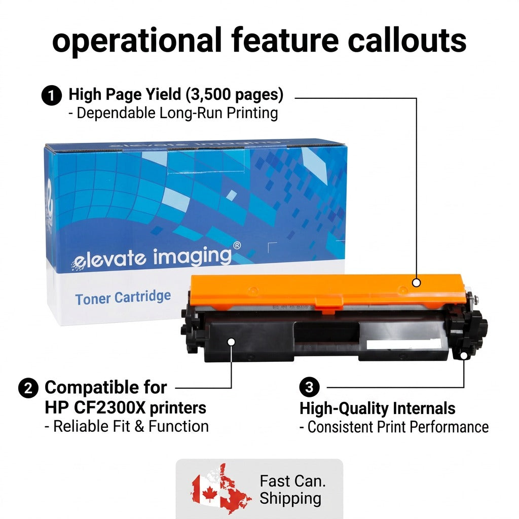 Elevate Imaging HP CF230X compatible toner cartridge features: 3,500 page yield and reliable fit.
