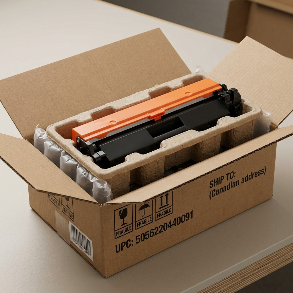 Elevate Imaging HP 30X (CF230X) toner cartridge securely packed in protective shipping materials.