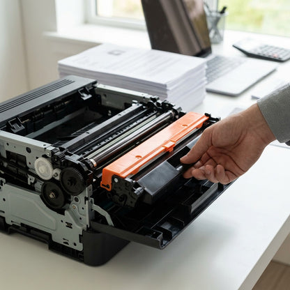 A hand installing an Elevate Imaging HP 30X (CF230X) black toner cartridge into a laser printer.