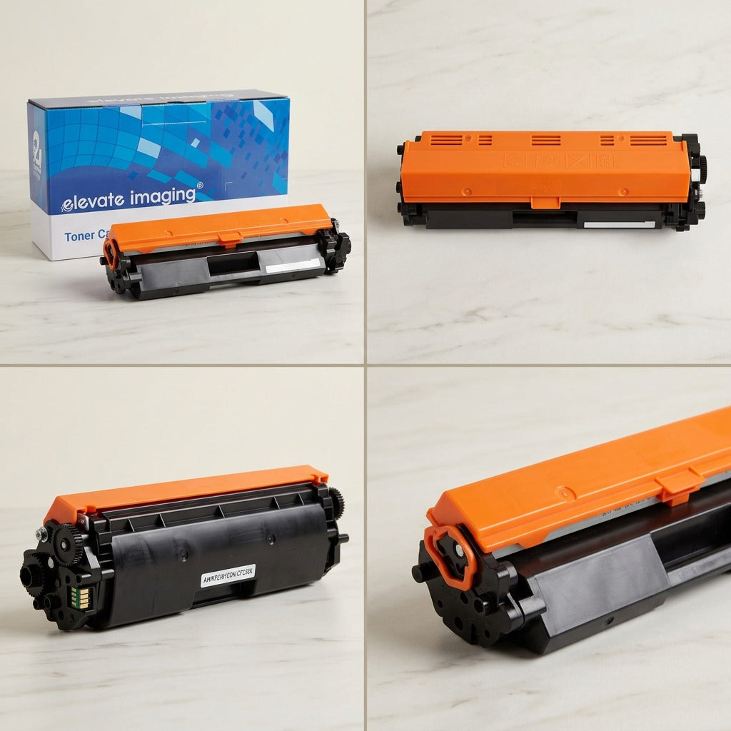 Multiple angles of Elevate Imaging compatible HP 30X (CF230X) black toner cartridge and box.