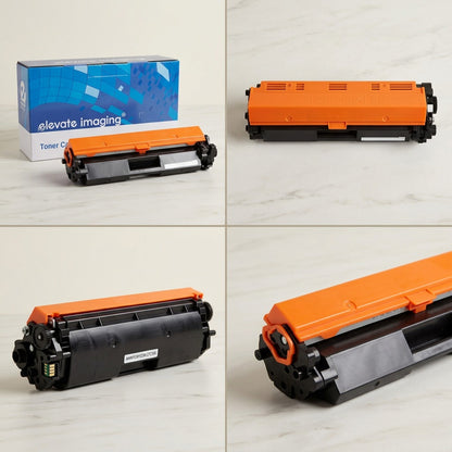 Multiple angles of Elevate Imaging compatible HP 30X (CF230X) black toner cartridge and box.