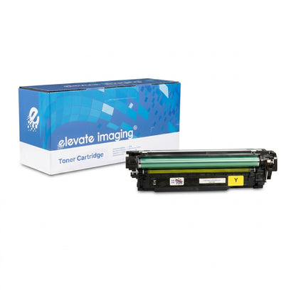 Elevate Imaging yellow toner cartridge for HP CE402A printers shown with its blue product box.
