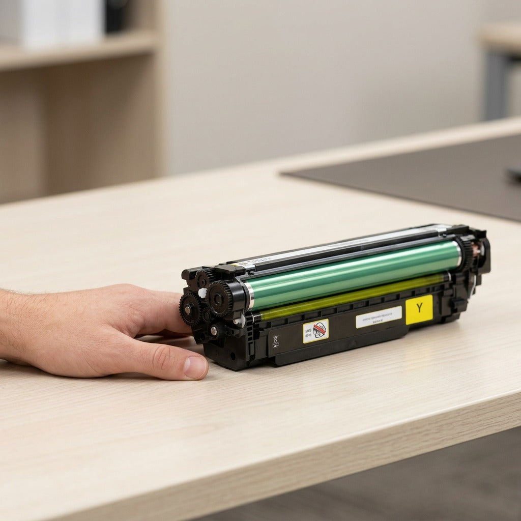 Elevate Imaging Yellow Toner for HP CE402A shown on a desk next to a hand for scale reference.