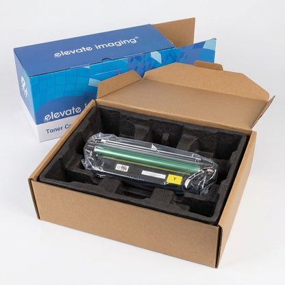 Elevate Imaging Yellow Toner for HP CE402A in protective unboxing tray and original retail box.
