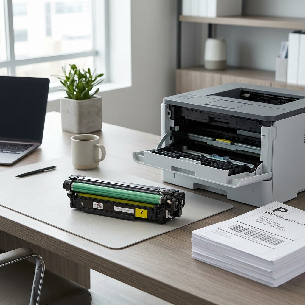 Yellow toner cartridge for HP LaserJet Enterprise 500 on a desk next to an open office printer.