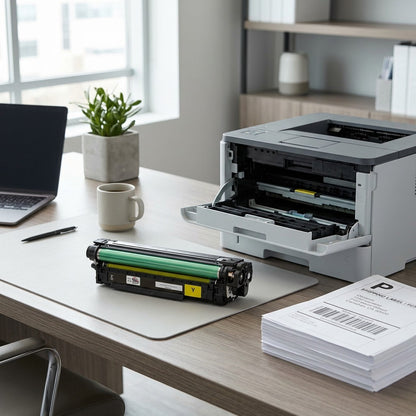Yellow toner cartridge for HP LaserJet Enterprise 500 on a desk next to an open office printer.