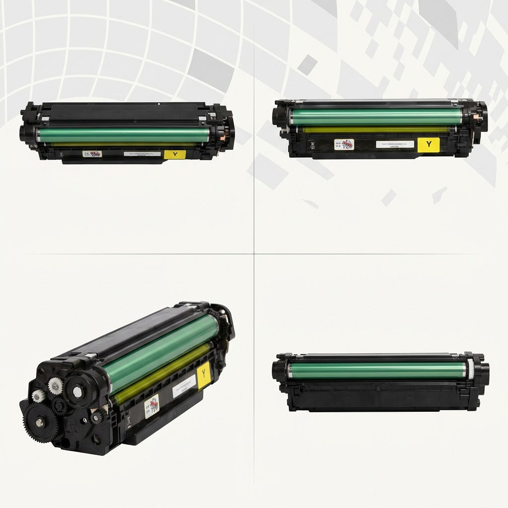 Grid of four views showing various angles of the Elevate Imaging Yellow Toner for HP CE402A.