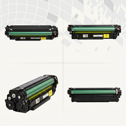 Grid of four views showing various angles of the Elevate Imaging Yellow Toner for HP CE402A.