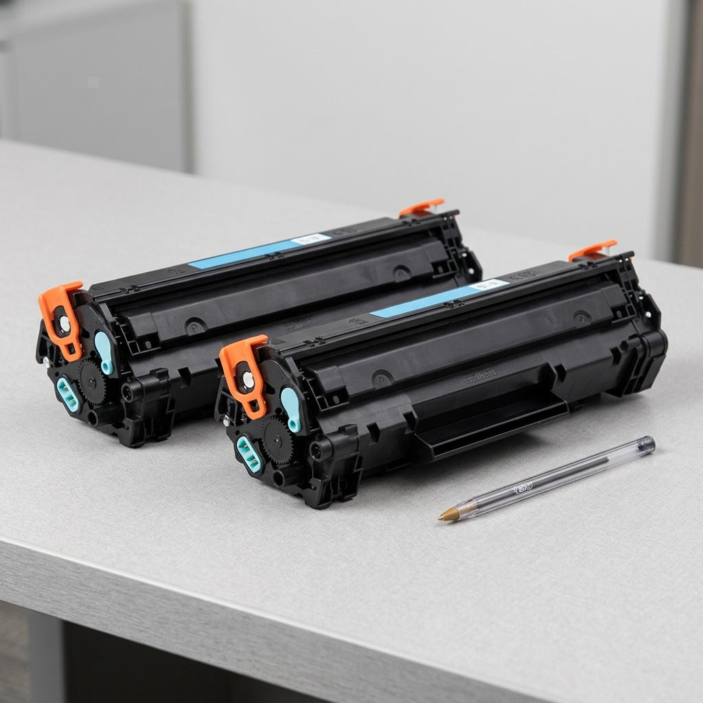 Two Elevate Imaging HP CE250A black toner cartridges on a desk beside a pen for scale reference.