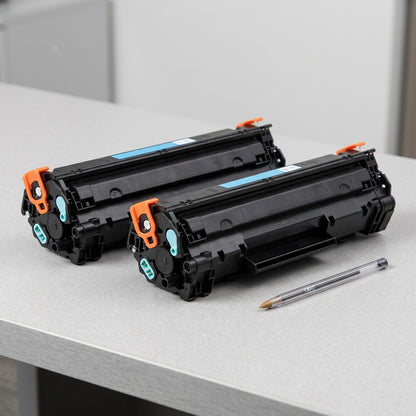 Two Elevate Imaging HP CE250A black toner cartridges on a desk beside a pen for scale reference.