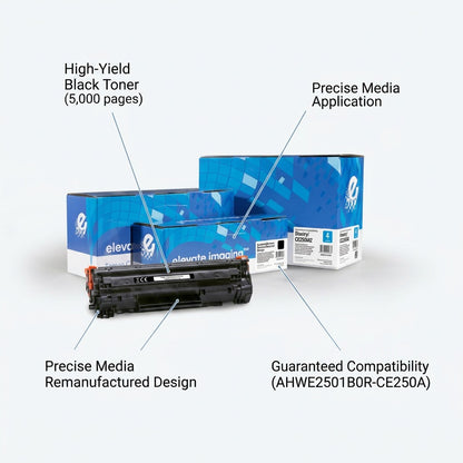 Elevate Imaging HP CE250A remanufactured black toner cartridge with 5,000-page yield callouts.