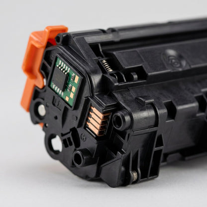 Macro detail of the smart chip and copper contacts on an Elevate Imaging HP CE250A black toner.