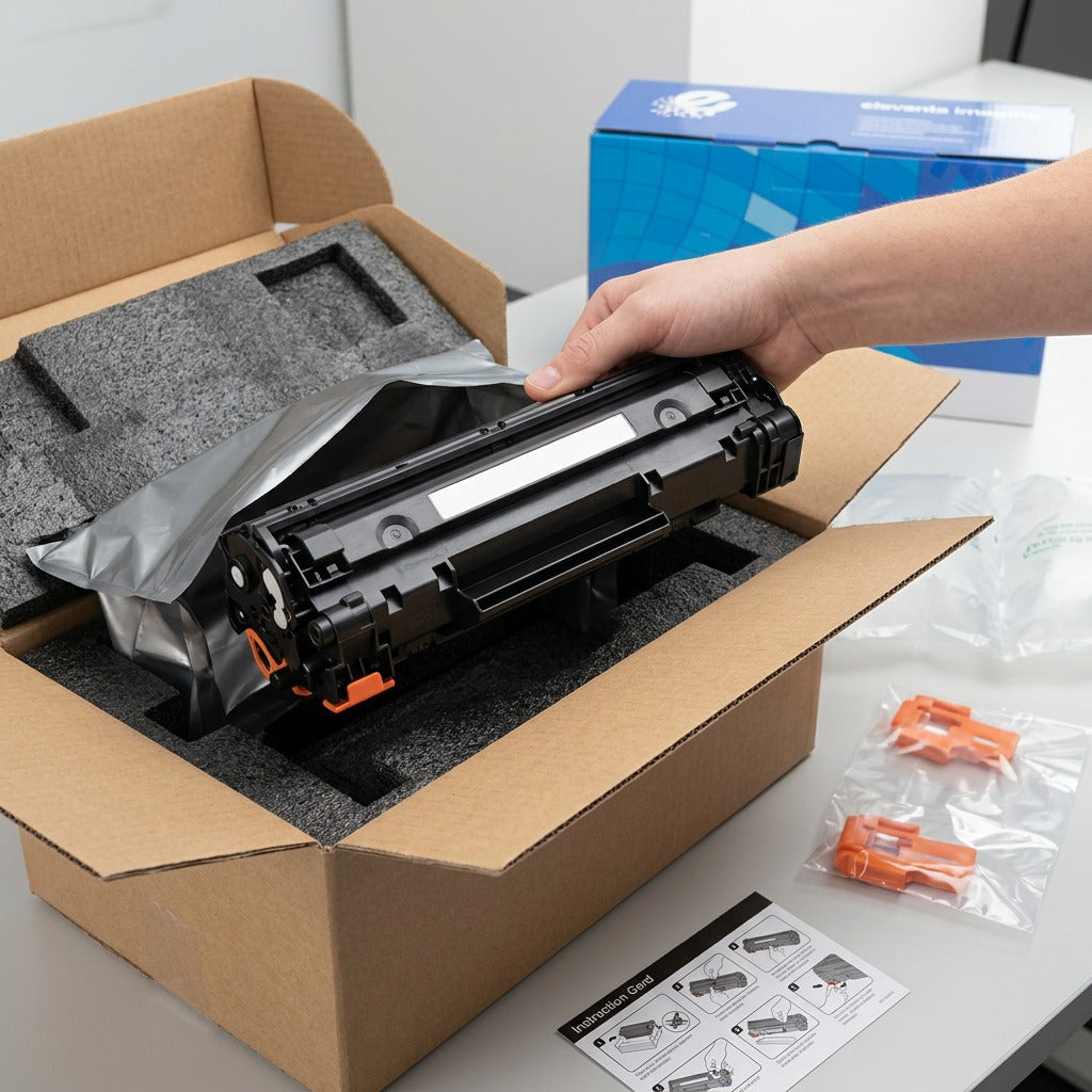 Unboxing the Elevate Imaging HP CE250A black toner cartridge from secure foam-lined shipping box.
