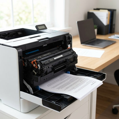 Elevate Imaging CE250A black toner cartridge installed in a laser printer in an office setting.
