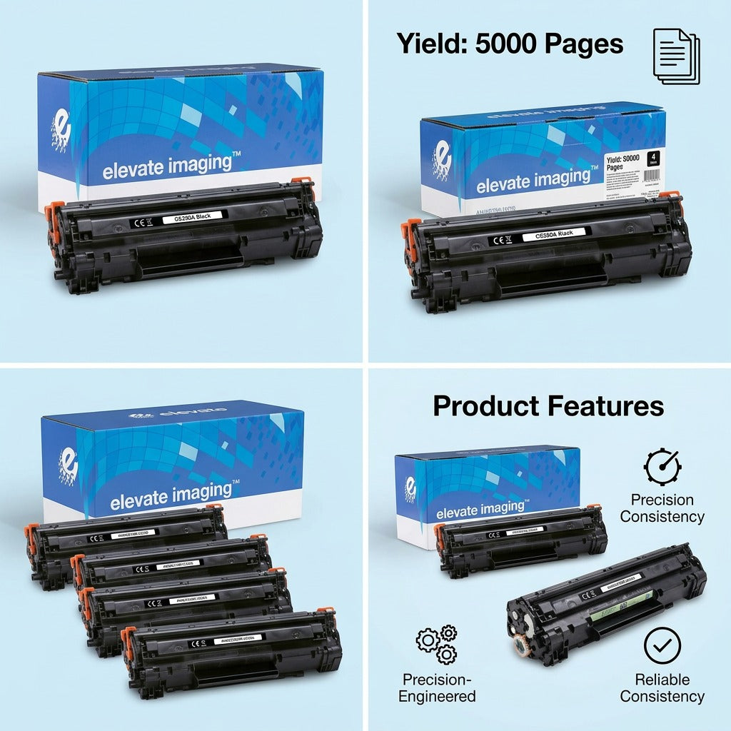 Elevate Imaging HP CE250A toner matrix showing black color, 5000 page yield, and bulk pack options.
