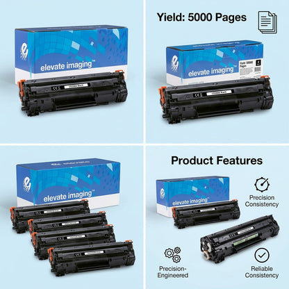 Elevate Imaging HP CE250A toner matrix showing black color, 5000 page yield, and bulk pack options.