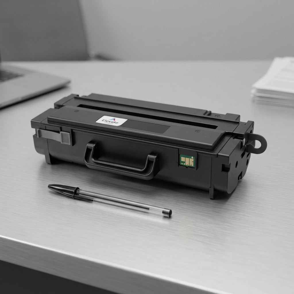 Scale reference: Elevate Imaging W2112X (HP 211X) toner cartridge beside a pen on an office desk.