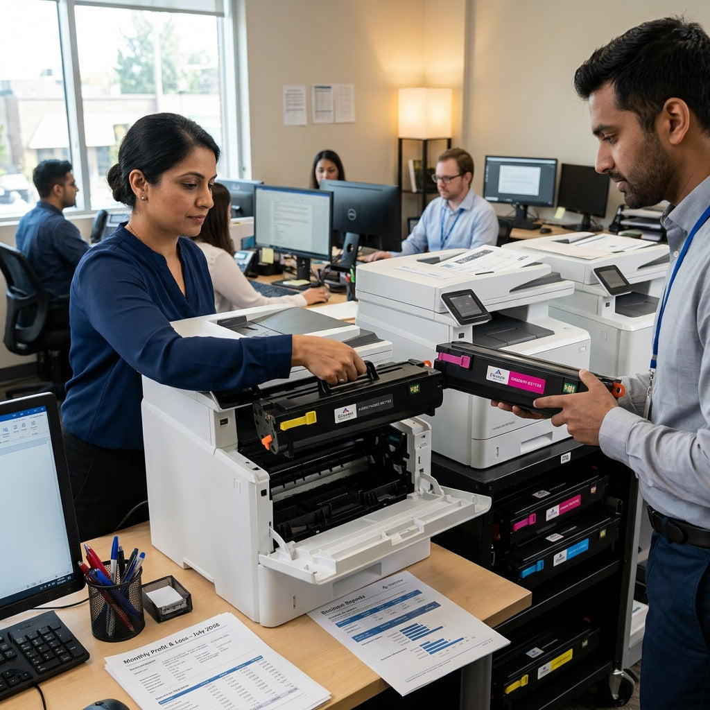 Office professionals installing an Elevate Imaging W2112X yellow toner cartridge in a laser printer.