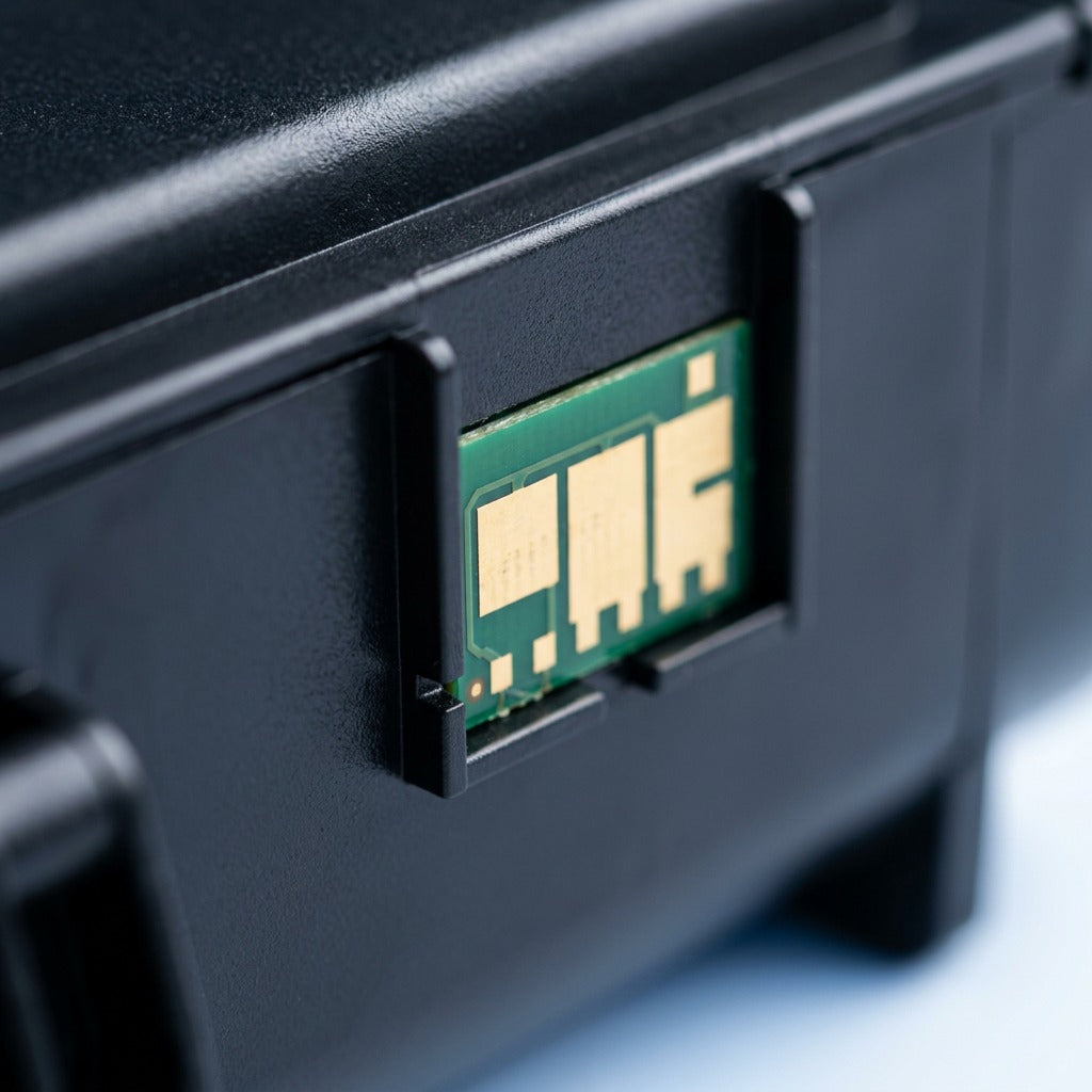 Macro detail of the high-precision smart chip on an Elevate Imaging HP W2112X toner cartridge.