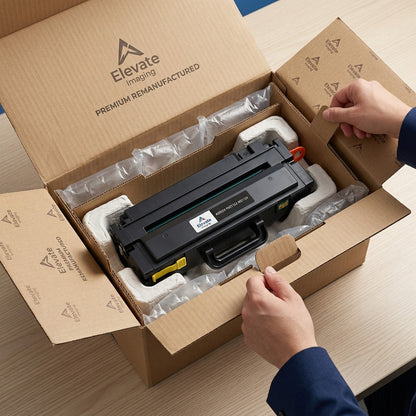 Unboxing an Elevate Imaging W2112X toner cartridge secured in protective air cushions and inserts.