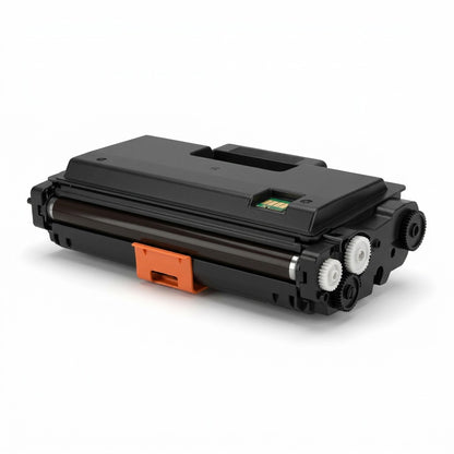 Elevate Imaging compatible Brother TN850 monochrome toner cartridge with orange clip on white background.