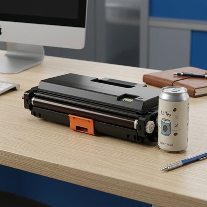 Elevate Imaging TN850 toner cartridge on a desk next to a coffee can to illustrate its size.
