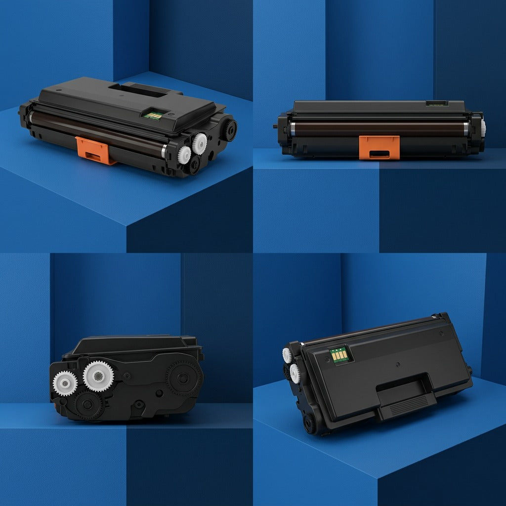Multiple angles of the Elevate Imaging Brother TN850 compatible monochrome toner cartridge.
