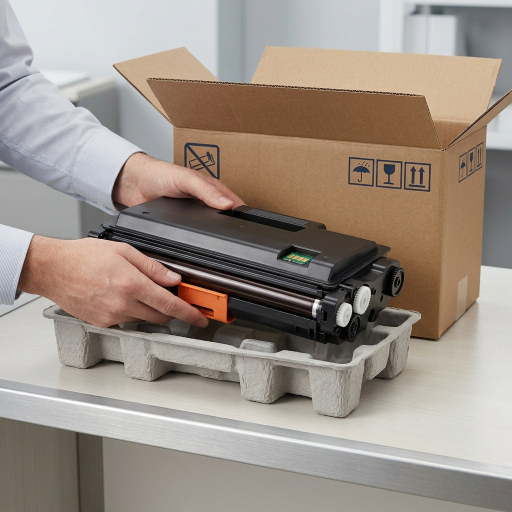 Unboxing of context Elevate Imaging Brother TN850 toner cartridge from secure protective packaging.