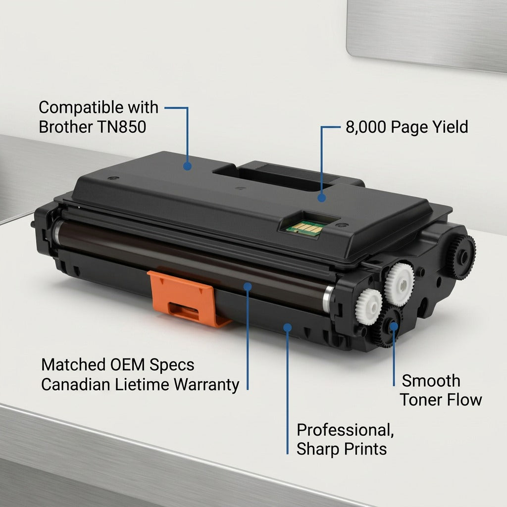 Elevate Imaging TN850 toner cartridge with 8,000 page yield, OEM specs, and lifetime warranty.