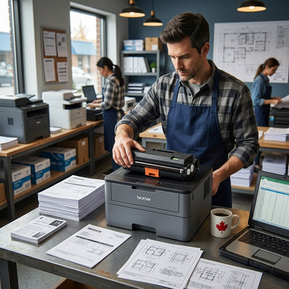 A person in a Canadian office installing an Elevate Imaging Brother TN850 toner into a printer.