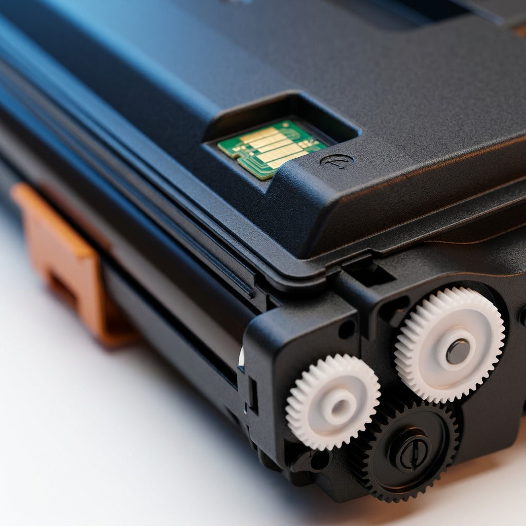 Macro detail of Elevate Imaging TN850 toner cartridge showing its contact chip and drive gears.