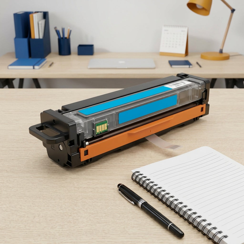 Elevate Imaging HP W2111X cyan toner cartridge on a desk beside a notebook for scale reference.