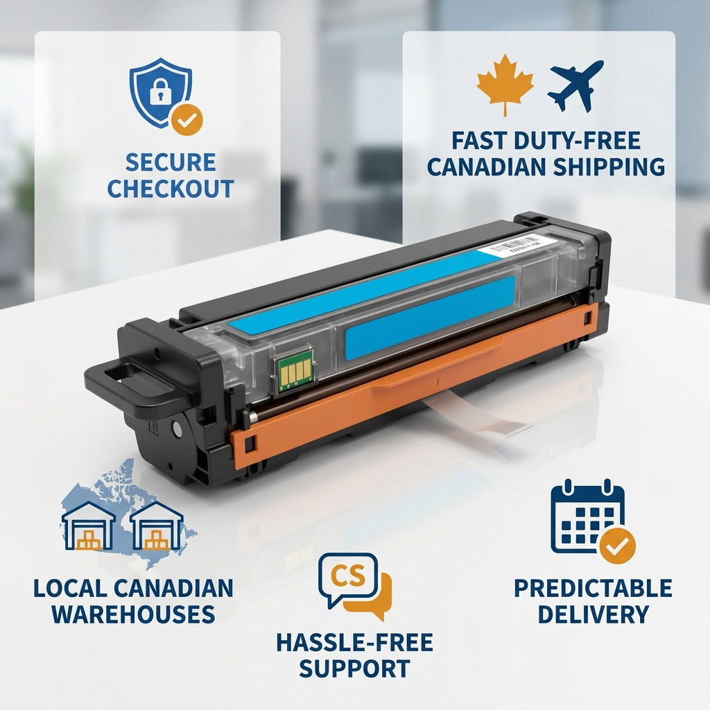 Elevate Imaging cyan toner W2111X with icons for secure checkout and fast Canadian shipping.