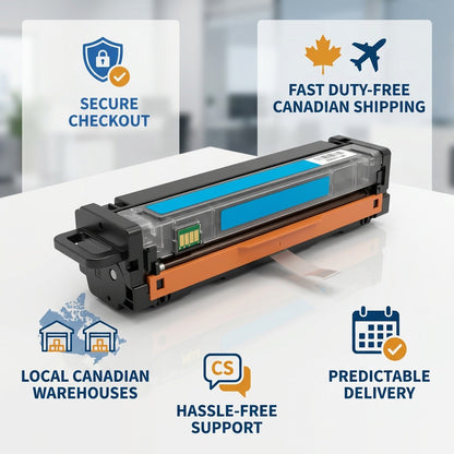 Elevate Imaging cyan toner W2111X with icons for secure checkout and fast Canadian shipping.