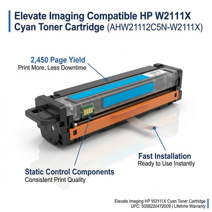 Elevate Imaging cyan toner cartridge for HP W2111X with callouts for 2,450 page yield and quality components.