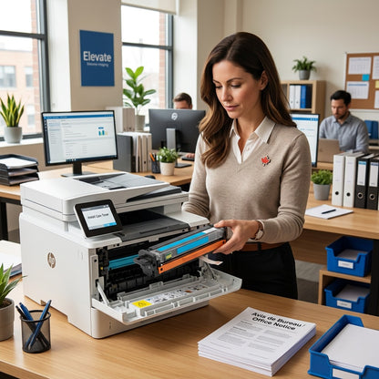 Office manager installing Elevate Imaging HP W2111X cyan toner into a printer in a Canadian office.
