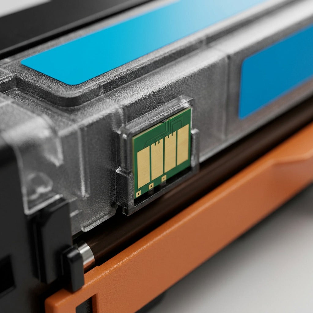 Macro detail of the smart chip and cyan indicators on an Elevate Imaging W2111X toner cartridge.